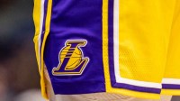 Detailed view of the Los Angeles Lakers logo against the New Orleans Pelicans during the first half at Smoothie King Center.