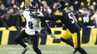 Pittsburgh Steelers linebacker Nick Herbig (51) pressures Baltimore Ravens quarterback Lamar Jackson (8) during the second half at Acrisure Stadium.