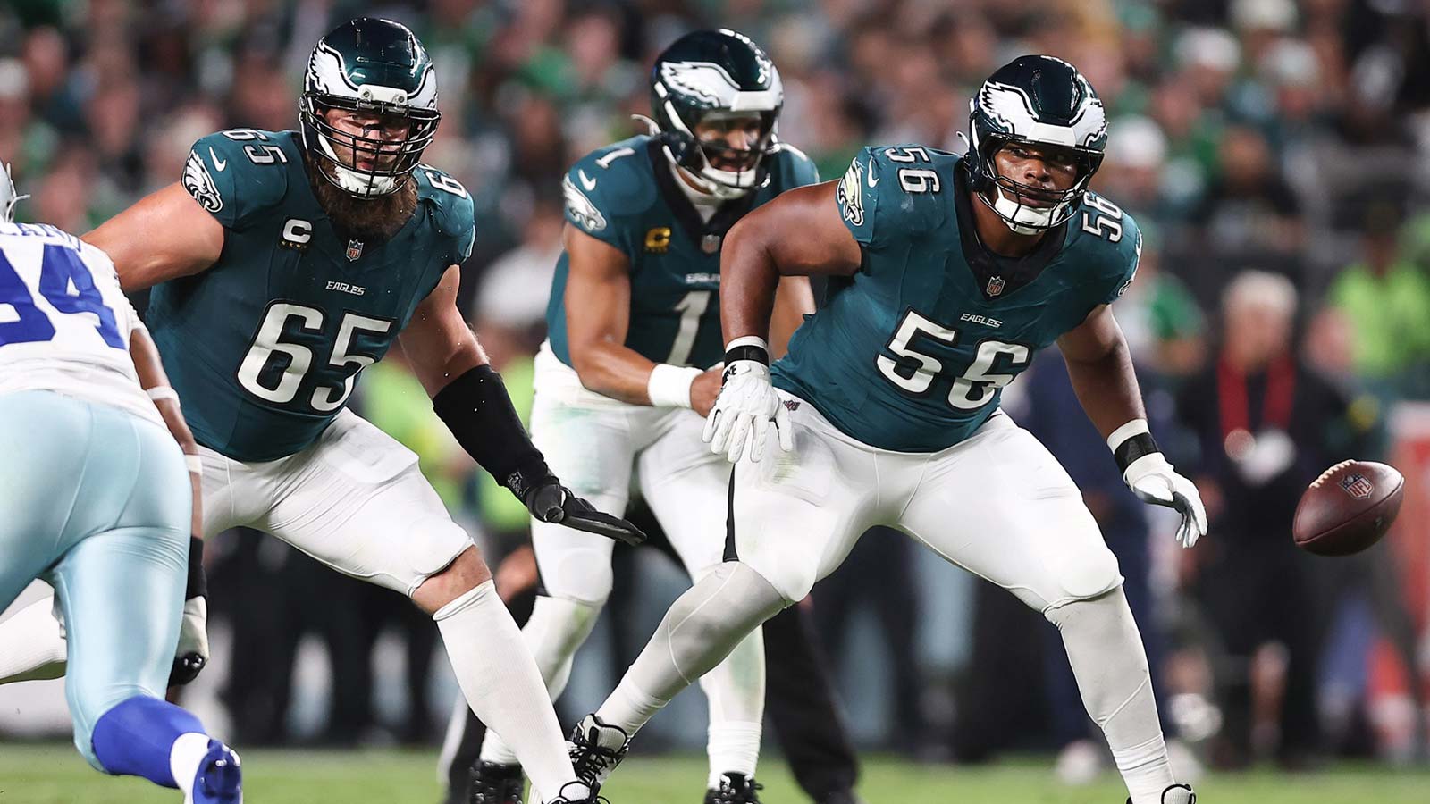 Philadelphia Eagles guard Tyler Steen (56) and offensive tackle Lane Johnson (65) in action against the Dallas Cowboys at Lincoln Financial Field.