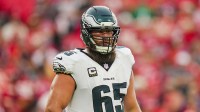 Philadelphia Eagles offensive tackle Lane Johnson (65) reacts during the second half against the Kansas City Chiefs at GEHA Field at Arrowhead Stadium.