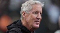 Las Vegas Raiders head coach Pete Carroll looks on during warm ups prior to the game against the New York Giants at Allegiant Stadium.
