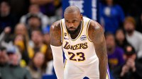 Los Angeles Lakers forward LeBron James (23) looks on during the game against the Dallas Mavericks at the American Airlines Center.