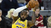 Los Angeles Lakers forward LeBron James (23) looks to pass in the fourth quarter against the Cleveland Cavaliers at Rocket Arena.