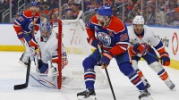 Edmonton Oilers forward Leon Draisaitl (29) looks to make a pass in front of New York Islanders goaltender Ilya Sorokin (30) during the third period at Rogers Place