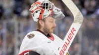 Ottawa Senators goaltender Linus Ullmark (35) during a break in the action against the Toronto Maple Leafs at Scotiabank Arena.