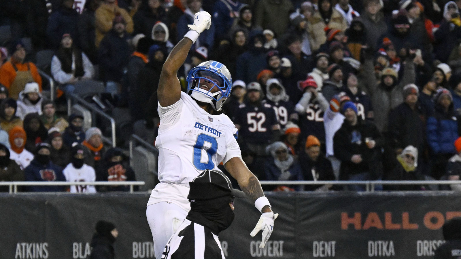 Detroit Lions running back Jahmyr Gibbs (0) celebrates after scoring a touchdown against the Chicago Bears during the first half at Soldier Field.