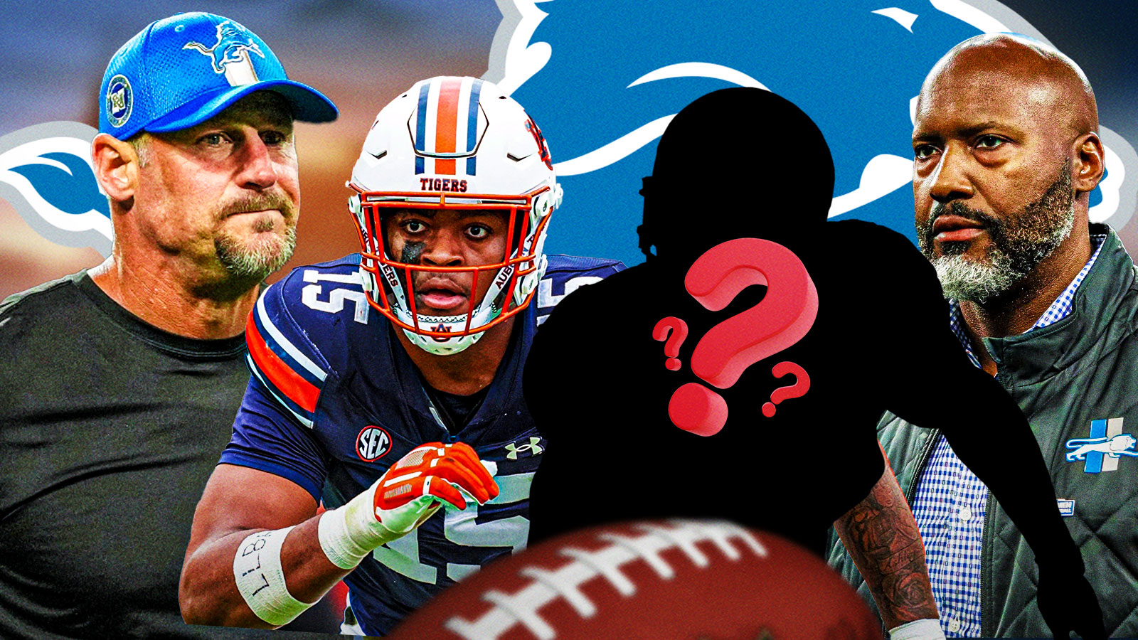 Detroit Lions head coach Dan Campbell with GM Brad Holmes, Auburn edge rusher Keldric Faulk, and a silhouette of an American football player with a big question mark emoji inside. There is also a logo for the Detroit Lions.