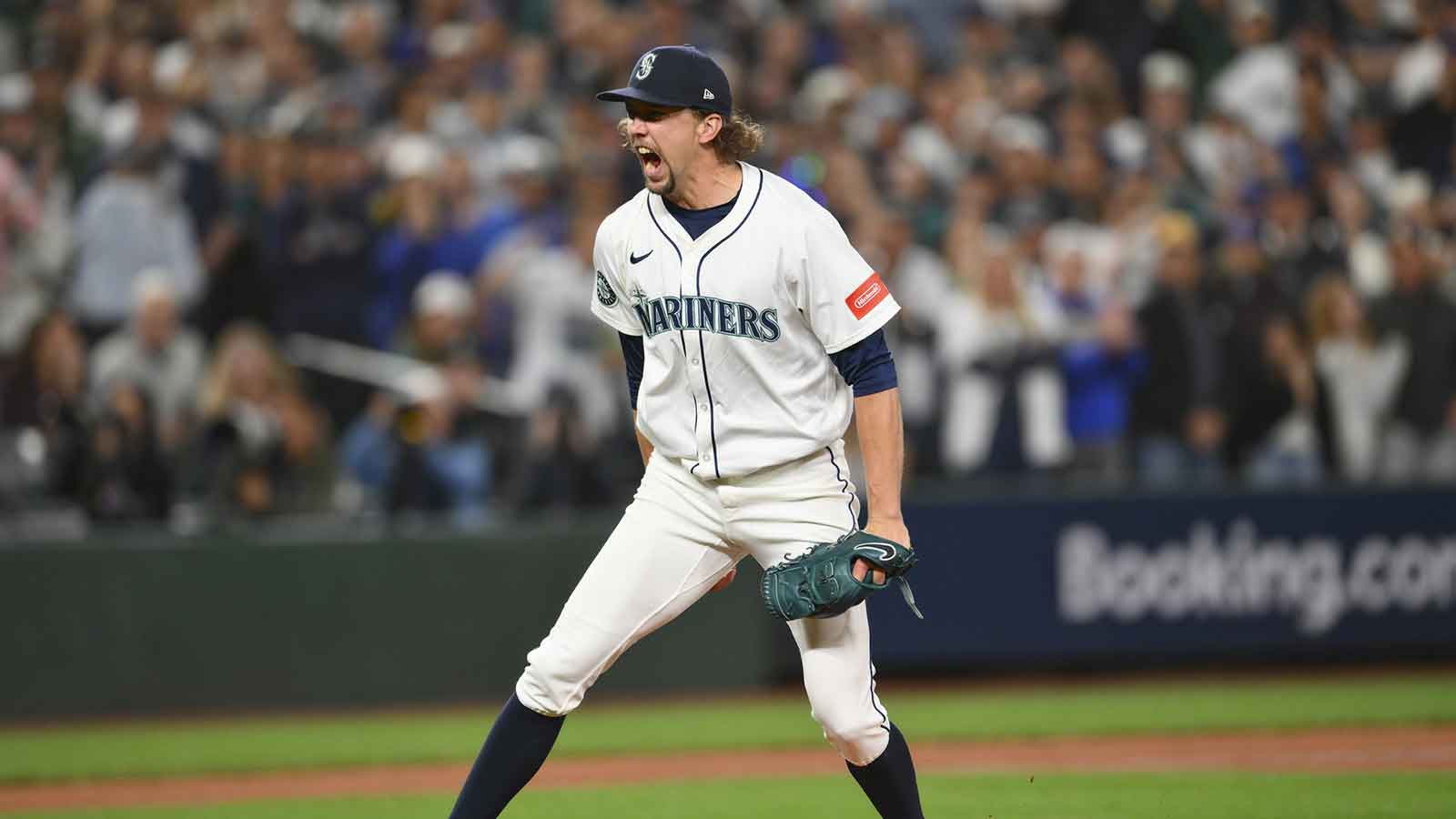 Seattle Mariners pitcher Logan Gilbert (36) reacts to getting out of the top of the eleventh inning against the Detroit Tigers during game five of the ALDS round for the 2025 MLB playoffs at T-Mobile Park.