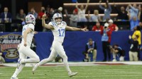Mississippi Rebels place kicker Lucas Carneiro (17) celebrates after making the go-ahead kick in the final seconds of the fourth quarter against the Georgia Bulldogs during the 2025 Sugar Bowl and quarterfinal game of the College Football Playoff at Caesars Superdome.
