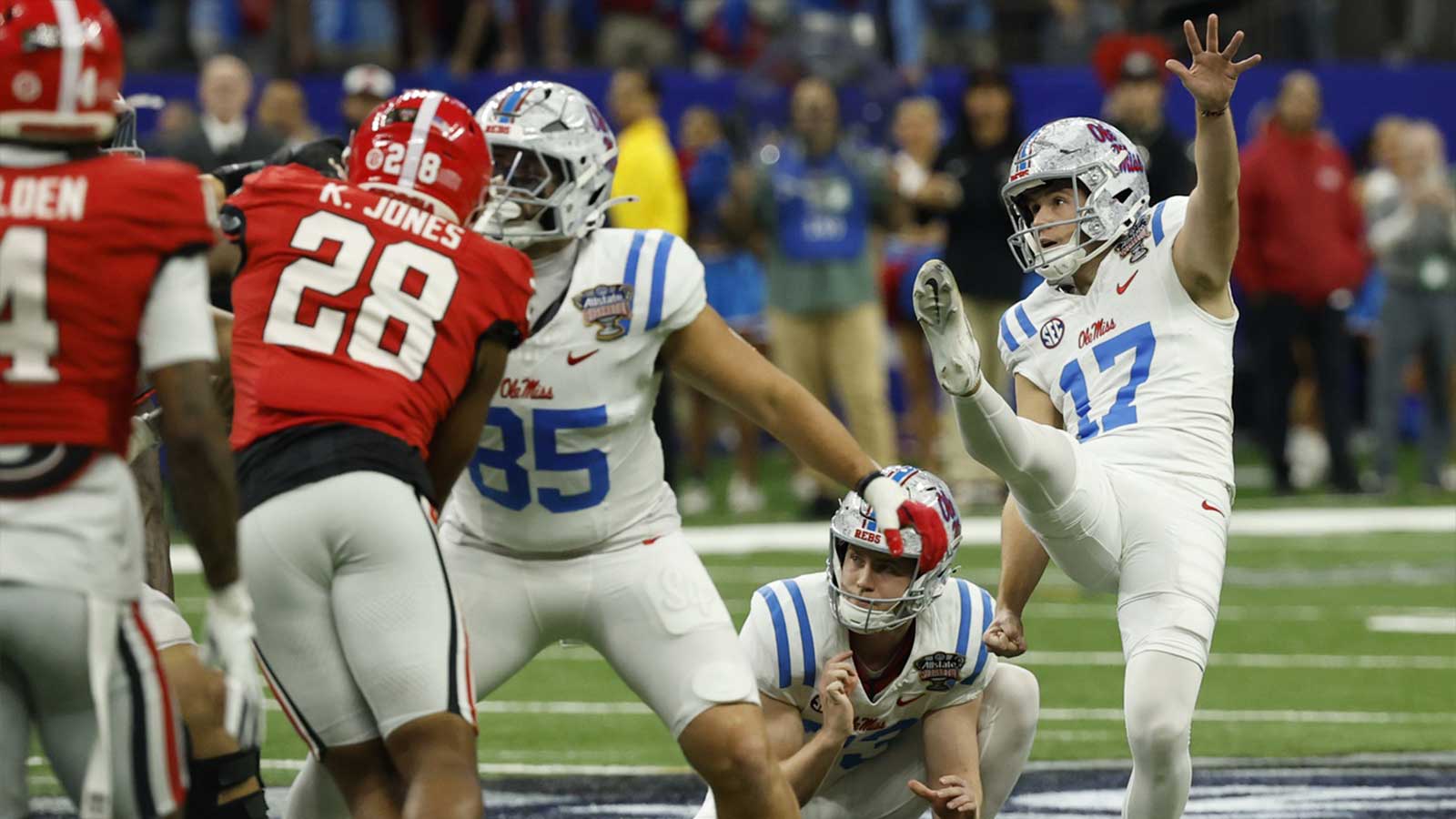 Mississippi Rebels place kicker Lucas Carneiro (17) kicks a field goal against the Georgia Bulldogs during the first half in the 2025 Sugar Bowl and quarterfinal game of the College Football Playoff at Caesars Superdome.