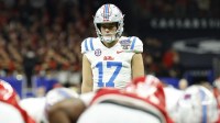 Mississippi Rebels place kicker Lucas Carneiro (17) prepares to kick the ball against the Georgia Bulldogs in the second half during the 2025 Sugar Bowl and quarterfinal game of the College Football Playoff at Caesars Superdome.