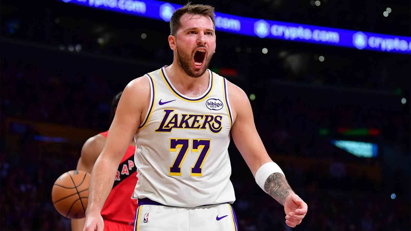 Los Angeles Lakers guard Luka Doncic (77) reacts during the first half at Crypto.com Arena. 