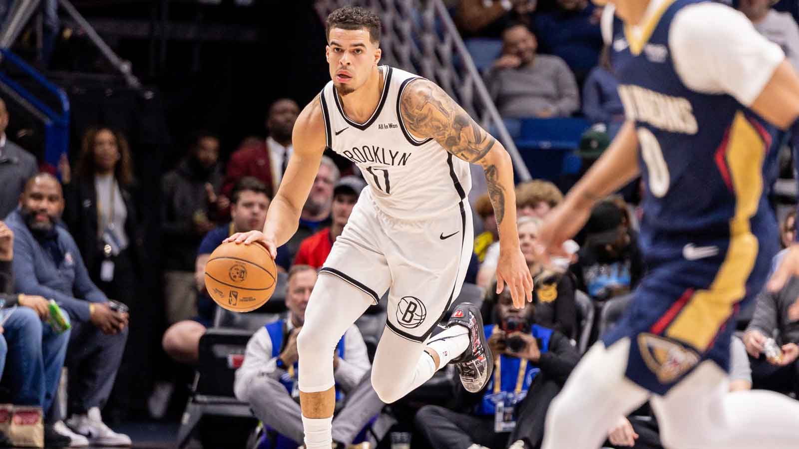 Brooklyn Nets forward Michael Porter Jr. (17) brings the ball up court against the New Orleans Pelicans during the first half at Smoothie King Center.