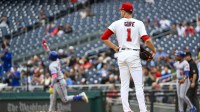 Washington Nationals starting pitcher MacKenzie Gore (1) reacts after giving up a solo home run to New York Mets designated hitter Starling Marte (6) during the third inning at Nationals Park.