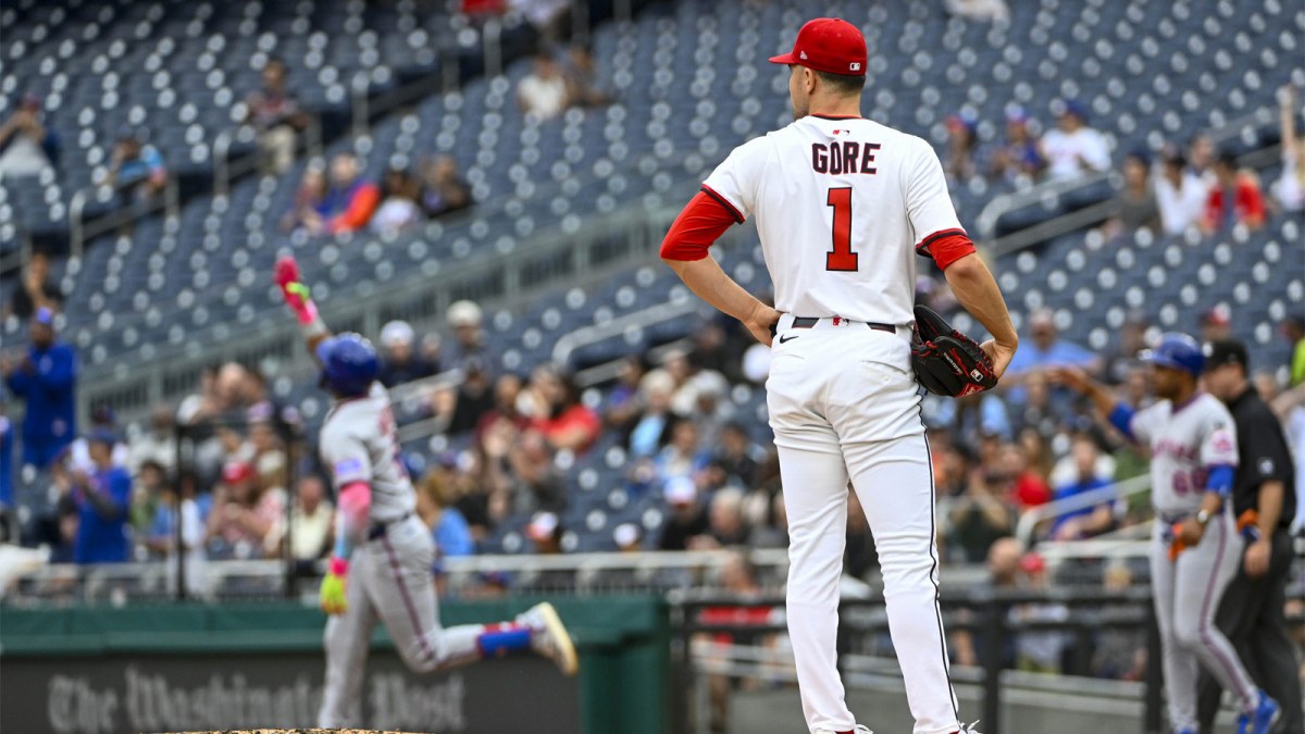 Washington Nationals starting pitcher MacKenzie Gore (1) reacts after giving up a solo home run to New York Mets designated hitter Starling Marte (6) during the third inning at Nationals Park.