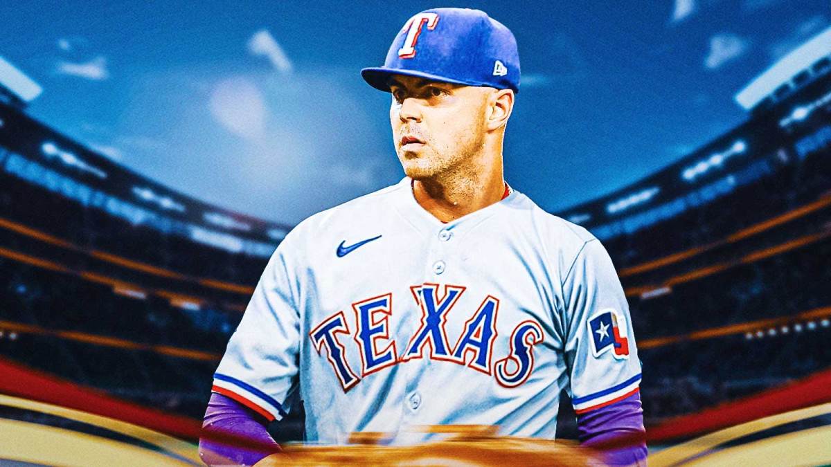 MacKenzie Gore pitching a baseball in a Texas Rangers uniform at Globe Life Field.
