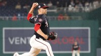 Washington Nationals starting pitcher MacKenzie Gore (1) pitches against the Atlanta Braves during the first inning at Nationals Park.
