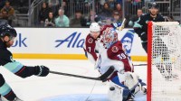 Colorado Avalanche goaltender Mackenzie Blackwood (39) blocks a goal shot by Seattle Kraken defenseman Adam Larsson (6) during the second period at Climate Pledge Arena.