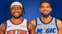 Wendell Carter Jr. in Knicks uniform, Karl-Anthony Towns in Magic uniform