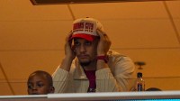 Patrick Mahomes watches the action from a suite during the third quarter at GEHA Field at Arrowhead Stadium