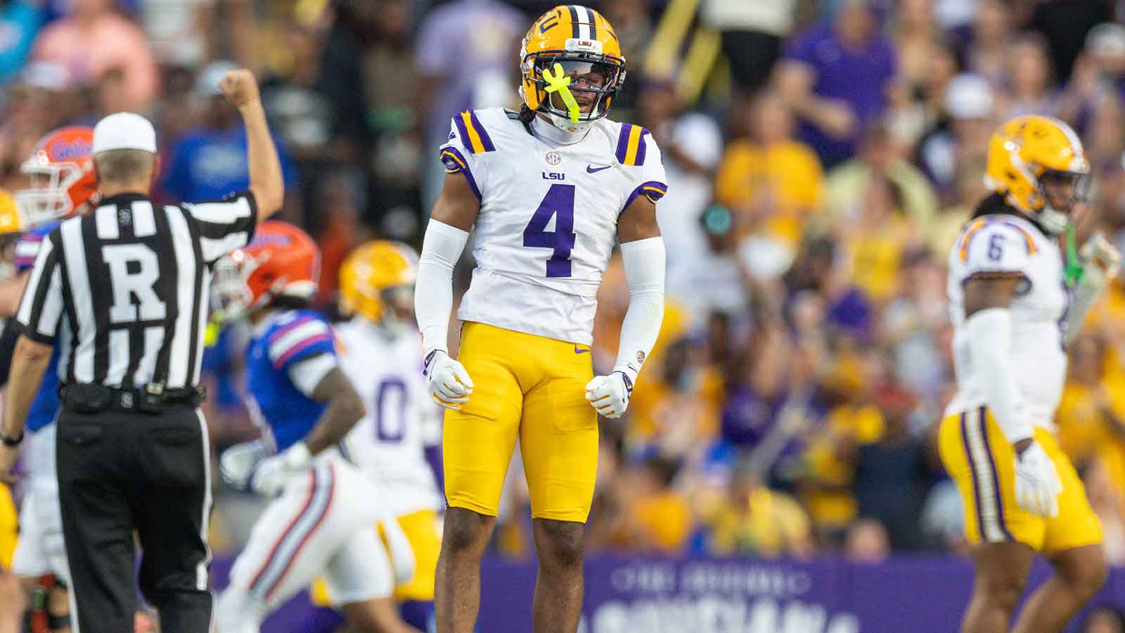LSU Tigers cornerback Mansoor Delane (4) reacts to Florida Gators quarterback DJ Lagway (not pictured) making an incomplete pass during the first half at Tiger Stadium.