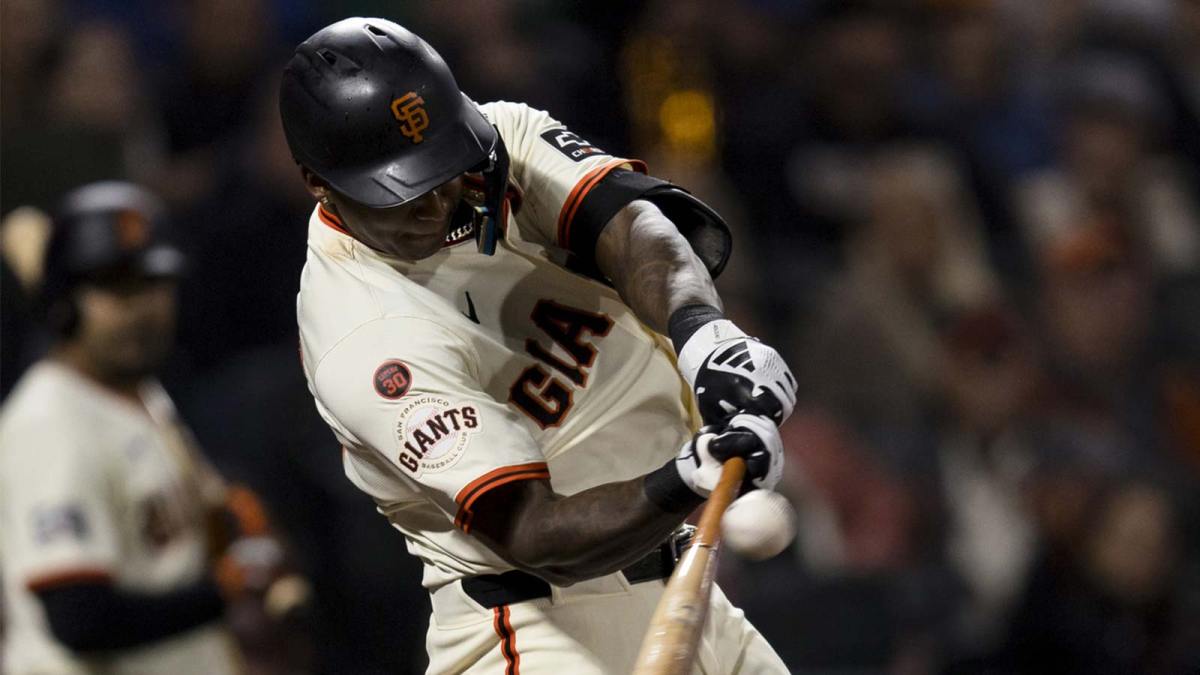 San Francisco Giants shortstop Marco Luciano (37) hits a single against the Milwaukee Brewers during the eighth inning at Oracle Park.