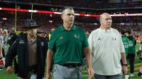 Miami Hurricanes head coach Mario Cristobal reacts after the College Football Playoff National Championship game at Hard Rock Stadium.