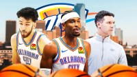Thunder's Shai Gilgeous-Alexander with a frustrated look on his face next to Thunder head coach Mark Daigneault with Thunder's Chet Holmgren in the background with Thunder logo and the Oklahoma City skyline behind them