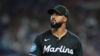 Miami Marlins starting pitcher Sandy Alcantara (22) returns to the dugout against the New York Mets during the fourth inning at loanDepot Park.