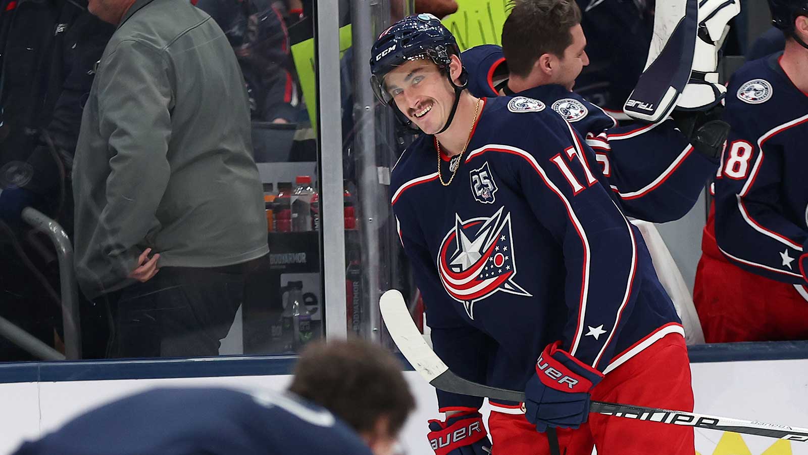Columbus Blue Jackets left wing Mason Marchment (17) celebrates his third goal of the game during the third period against the Tampa Bay Lightning at Nationwide Arena.
