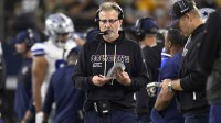 Dallas Cowboys defensive coordinator Matt Eberflus looks on in the first half against the Green Bay Packers at AT&T Stadium.