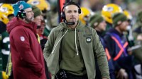 Green Bay Packers coach Matt LaFleur works the sidelines in the fourth quarter against the Philadelphia Eagles during their football game Monday, November 10, 2025, at Lambeau Field in Green Bay, Wisconsin.