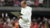 Kansas City Chiefs offensive coordinator Matt Nagy watches from the sidelines against the Las Vegas Raiders in the second half at Allegiant Stadium.