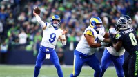 Los Angeles Rams quarterback Matthew Stafford (9) passes against the Seattle Seahawks during the first half in the 2026 NFC Championship Game at Lumen Field