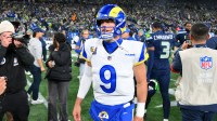Los Angeles Rams quarterback Matthew Stafford (9) leaves the field after the 2026 NFC Championship Game against the Seattle Seahawks at Lumen Field. Mandatory Credit: Steven Bisig-Imagn Images