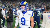 Los Angeles Rams quarterback Matthew Stafford (9) leaves the field after the 2026 NFC Championship Game against the Seattle Seahawks at Lumen Field