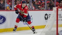 Florida Panthers left wing Matthew Tkachuk (19) moves the puck against the Minnesota Wild during the second period at Amerant Bank Arena.