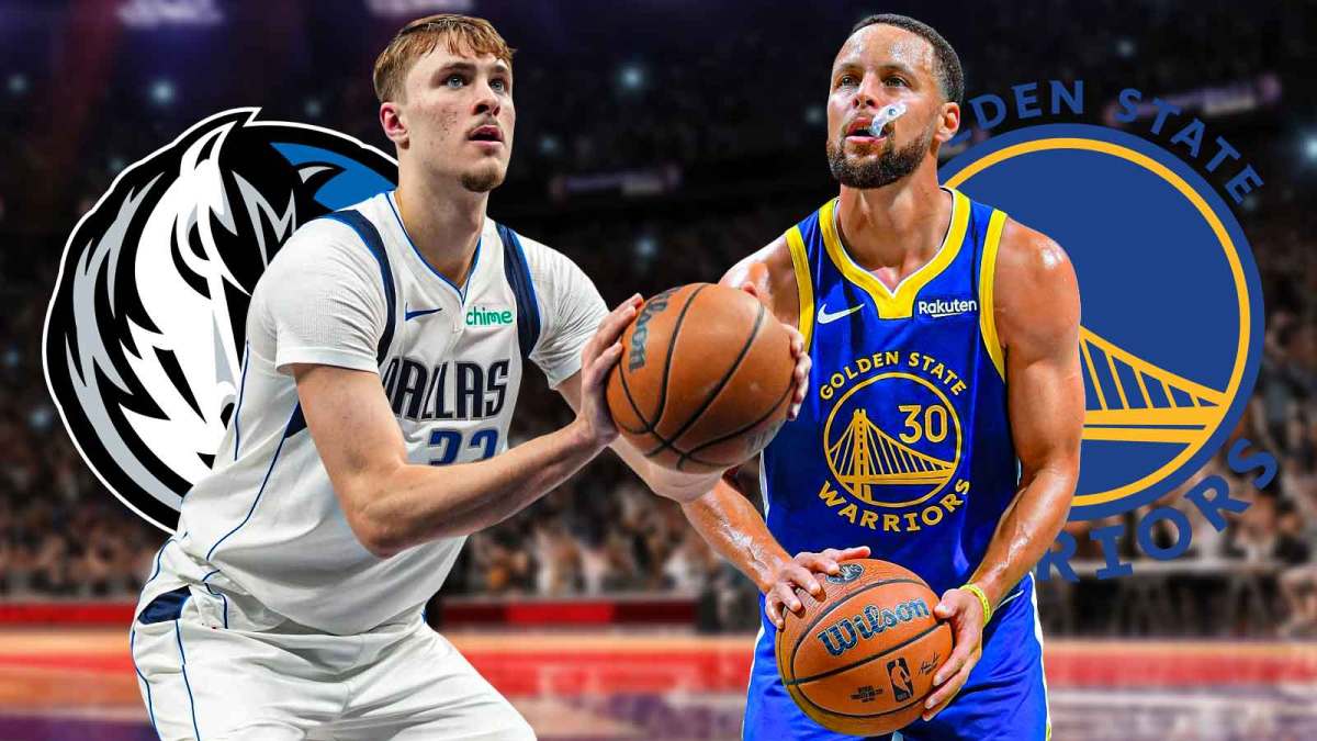 Mavericks and Warriors logos in background, and then have Cooper Flagg and Stephen Curry both shooting basketballs.