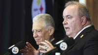 Pittsburgh Steelers head coach Mike McCarthy (right) speaks at a press conference introducing him as the next head coach of the Steelers as owner Art Rooney II (left) listens in at PNC Champions Club at Acrisure Stadium..