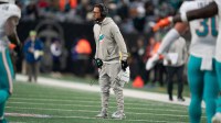 Miami Dolphin's head coach Mike McDaniel stands on the field during a week 14 football game between the New York Jets and Miami Dolphins at MetLife Stadium on Sunday, Dec. 7, 2025.