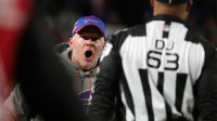 Bills head coach Sean McDermott pleads his case with official Mike Carr in a 25-6 loss to the Patriots in 2018.