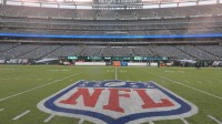 Nov 24, 2019; East Rutherford, NJ, USA; General overall view of the NFL shield logo at midfield at MetLife Stadium. The Jets defeated the Raiders 34-3. Mandatory Credit: Kirby Lee-Imagn Images