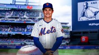 Graphic of Rockies' Mickey Moniak in a New York Mets' uniform with Citi Field behind him.