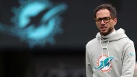 Miami Dolphins head coach Mike McDaniel looks on during warmups before the game between the Miami Dolphins and New York Jets at MetLife Stadium.