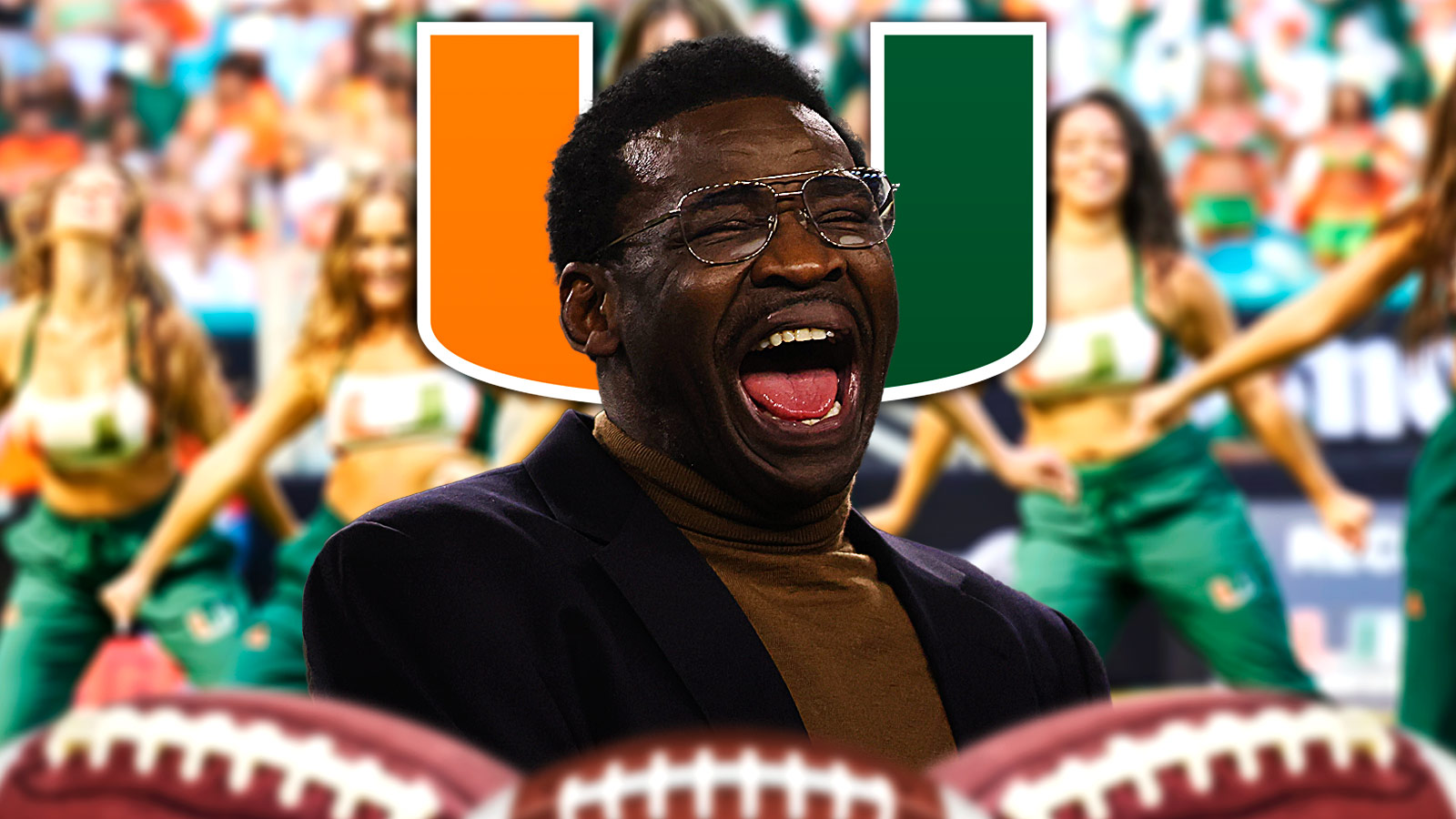 Miami football legend Michael Irvin celebrates giddily with cheerleaders after Ole Miss win
