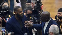 Lebron James and Michael Jordan on court during halftime during the 2022 NBA All-Star Game at Rocket Mortgage FieldHouse.