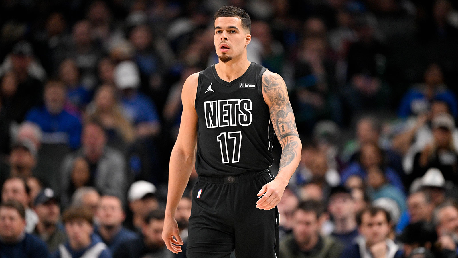 Brooklyn Nets forward Michael Porter Jr. (17) looks on during the first quarter against the Dallas Mavericks at the American Airlines Center.