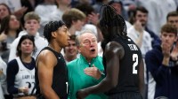 Michigan State Spartans head coach Tom Izzo talks with guard Jeremy Fears Jr (1) and guard Kur Teng (2) during the second half against the Penn State Nittany Lions at Bryce Jordan Center.