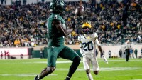 Michigan State's Nick Marsh catches a pass at the goalie against Michigan during the fourth quarter on Saturday, Oct. 25, 2025, at Spartan Stadium in East Lansing.