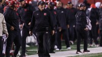 Utah Utes head coach Kyle Whittingham looks on during the first quarter of the game against the Arizona State Sun Devils at Rice-Eccles Stadium.
